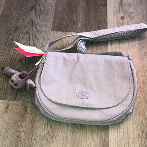 Kipling Lucasta Dove Grey Multi Web P Nylon Crossbody Bag + Monkey Keychain NWT